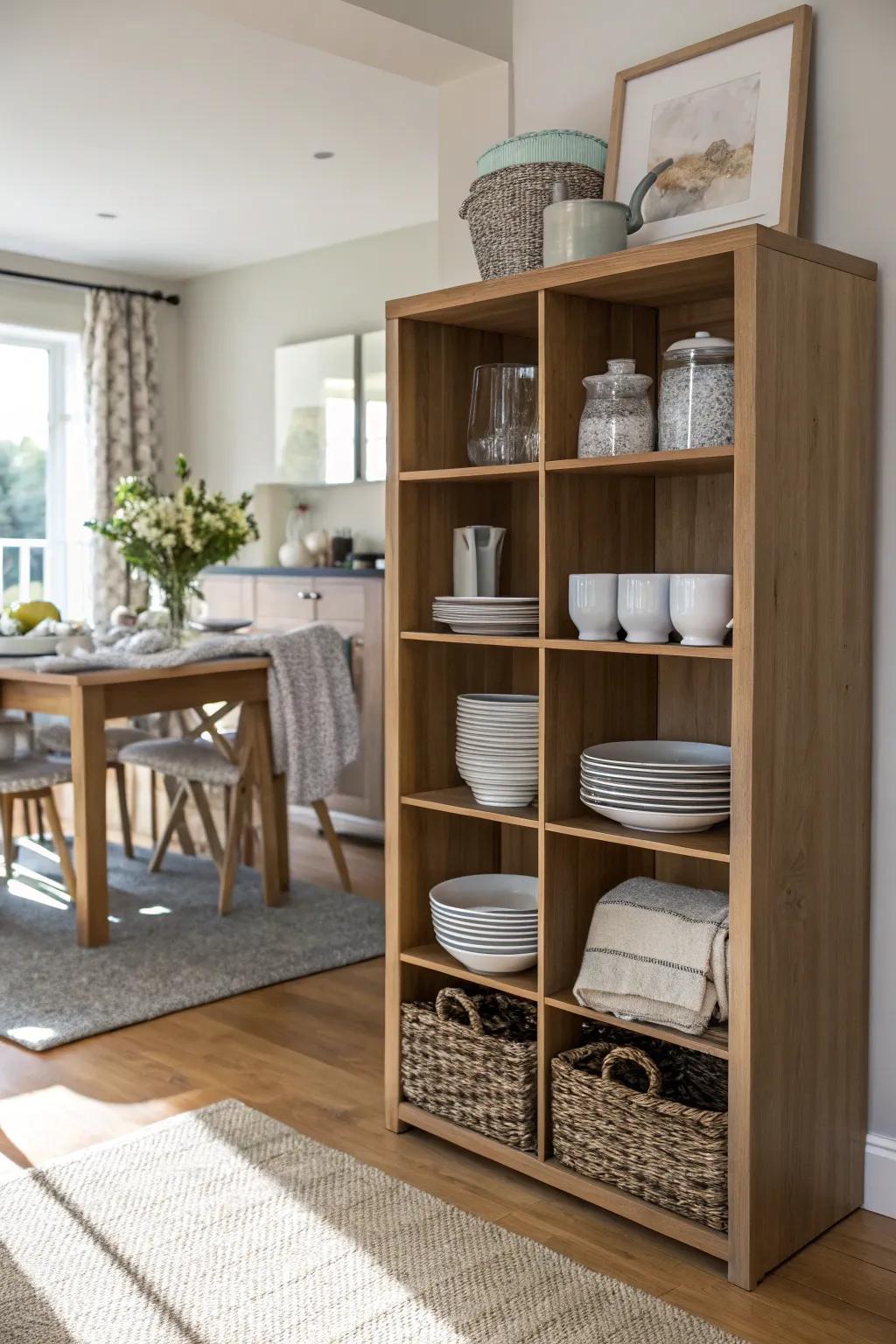 A dining area addition utilizing cube storage for integrated functionality.