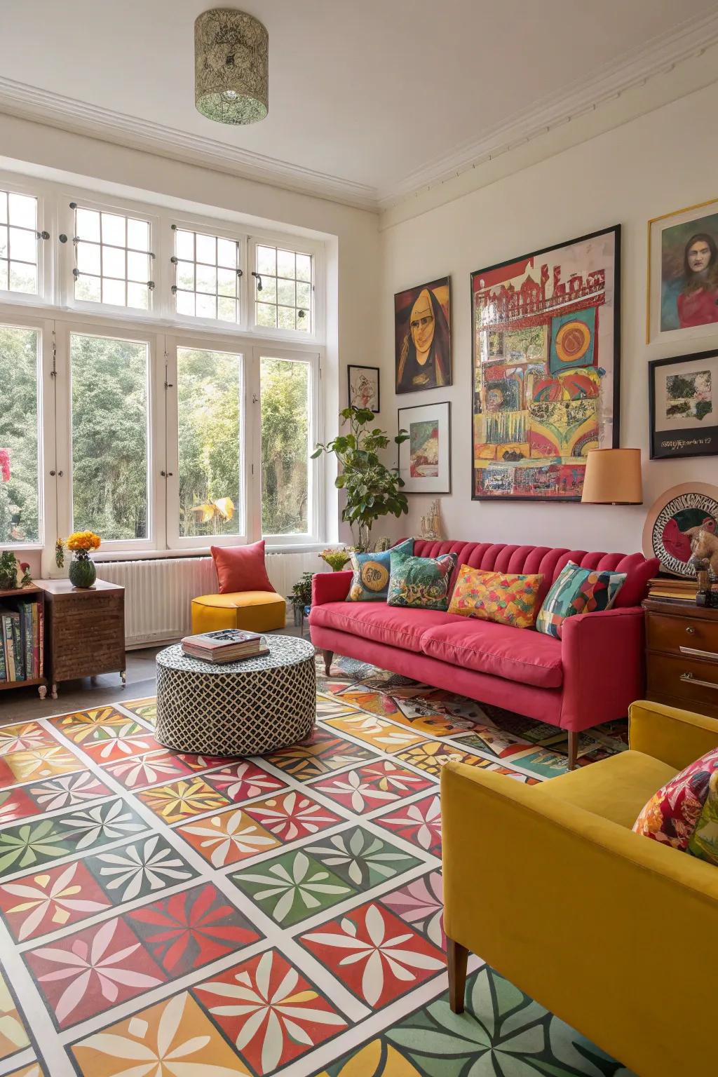 Graphic vinyl flooring introduces personality and flair through bold patterns.