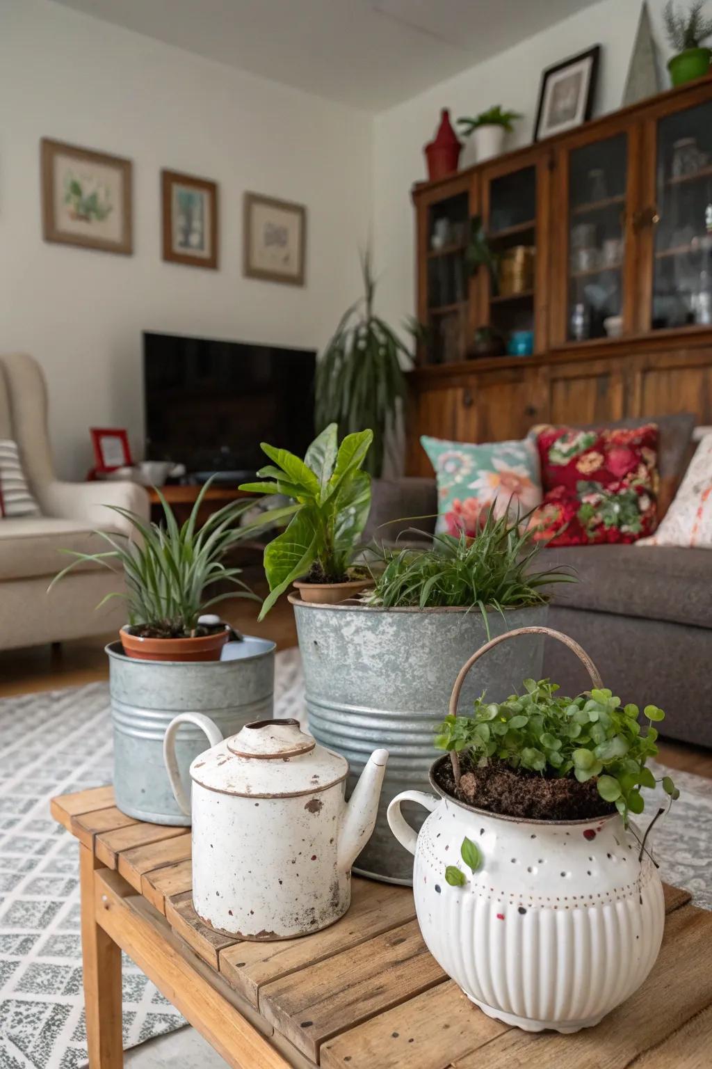 Repurposed items create charming planters.
