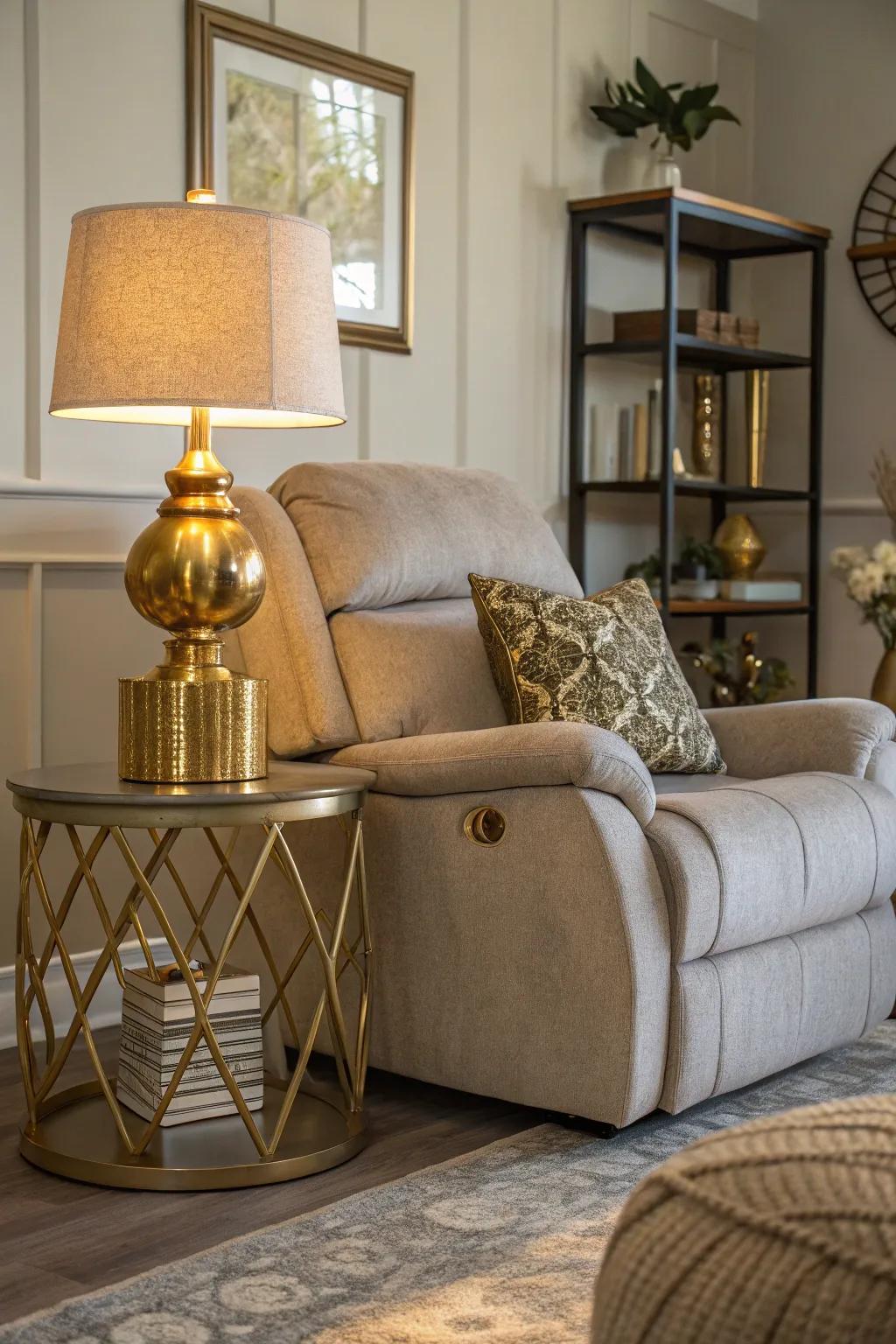 An elegant atmosphere created by utilizing metallic details around the recliner.
