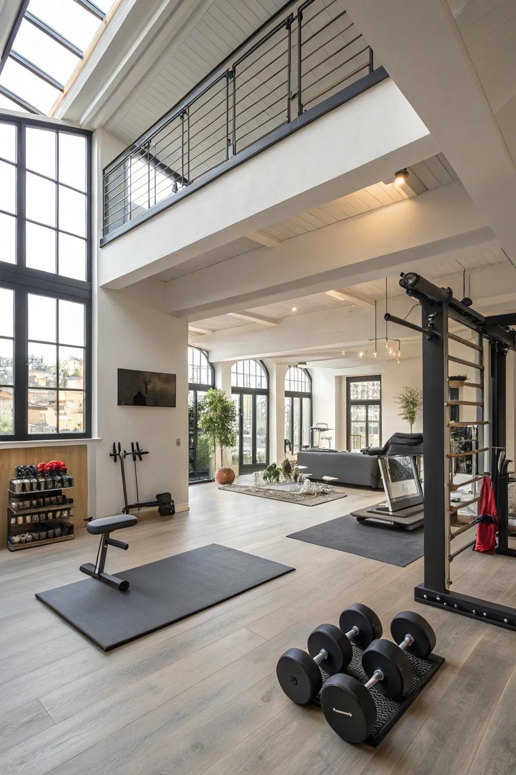 Home gym setup within a stylish loft.