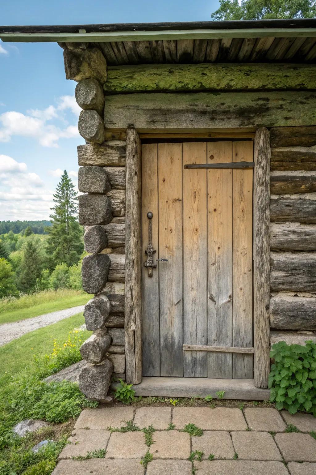 A distressed log cabin doorway with elegant, countryside appeal.