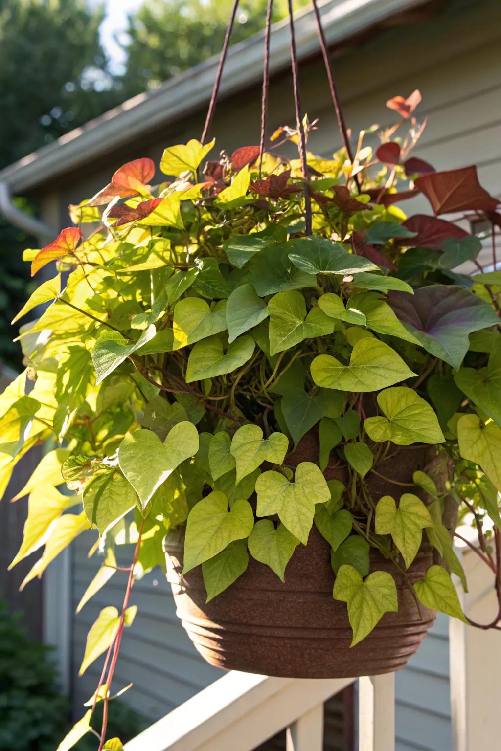 Sweet potato vine introducing drama through its foliage in full sunlight.