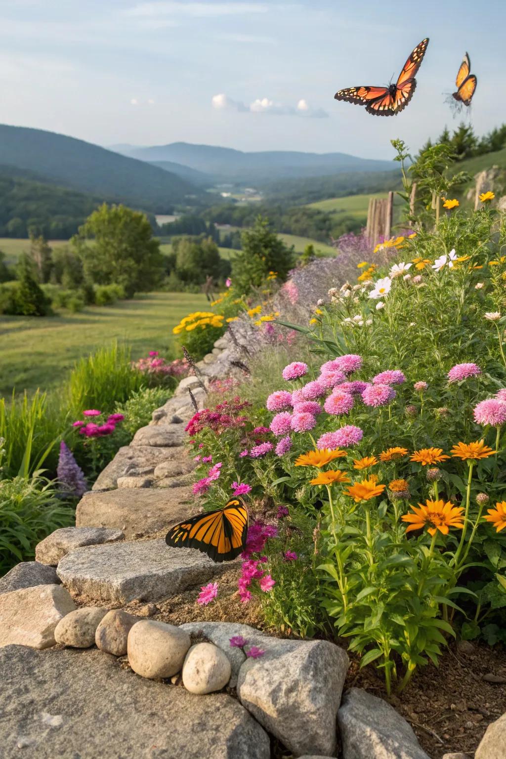 Wildflowers add color and life to rock garden borders.