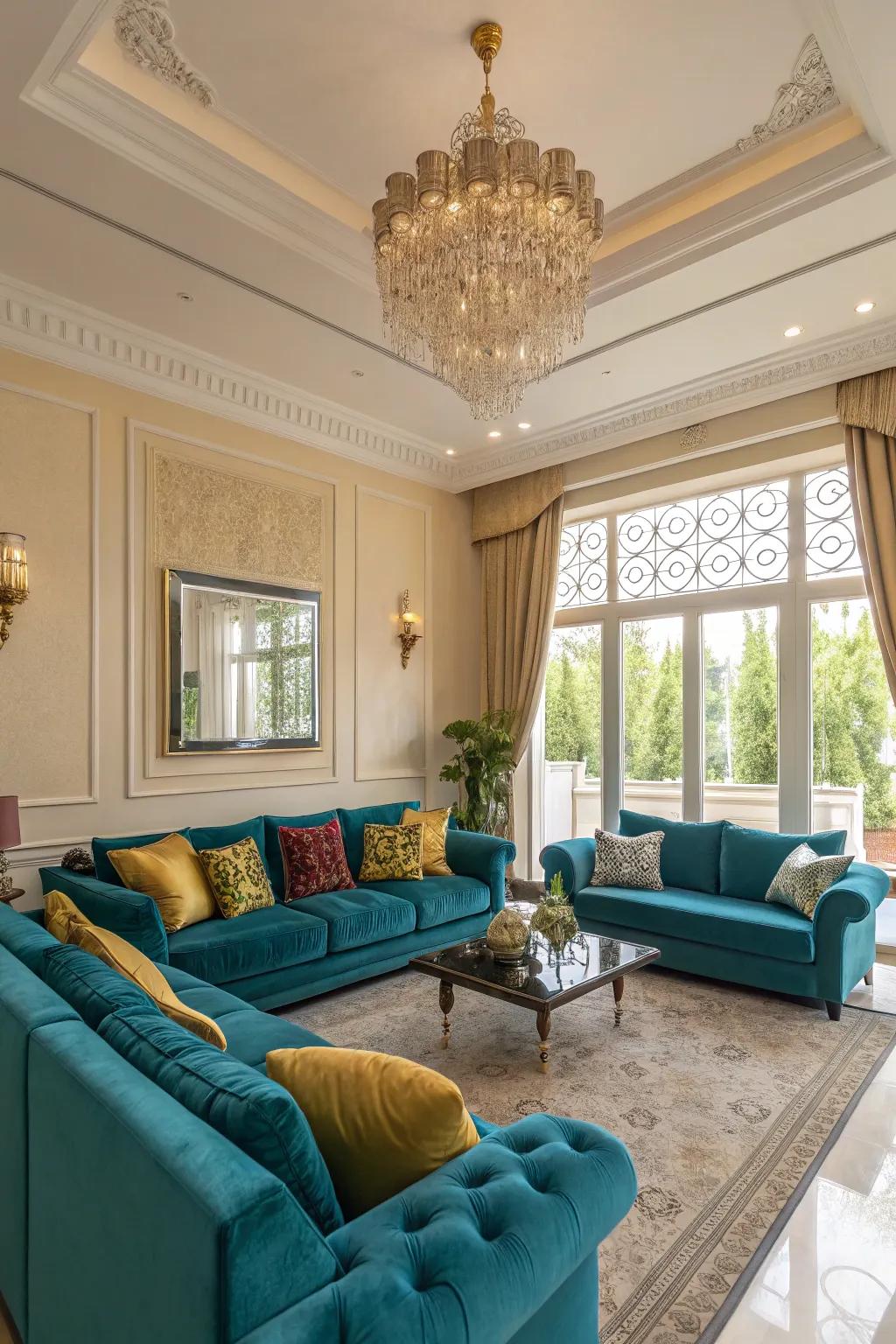 Bold color features inject vibrancy into this lavish living room.