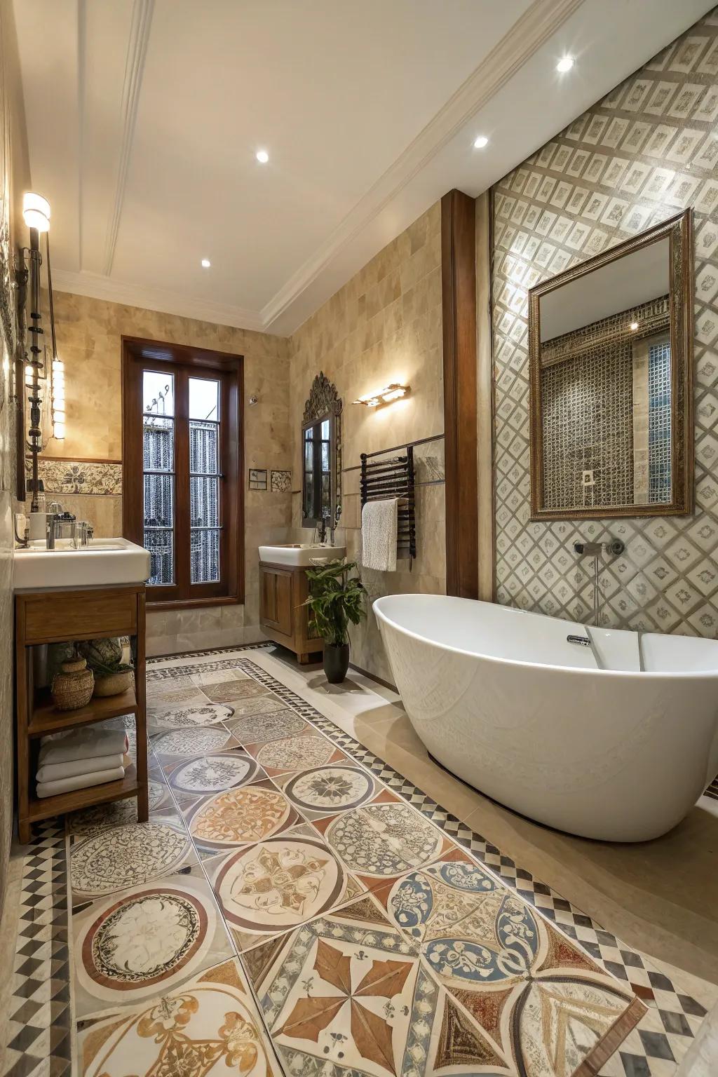 A luxury bathroom featuring unique tile patterns.