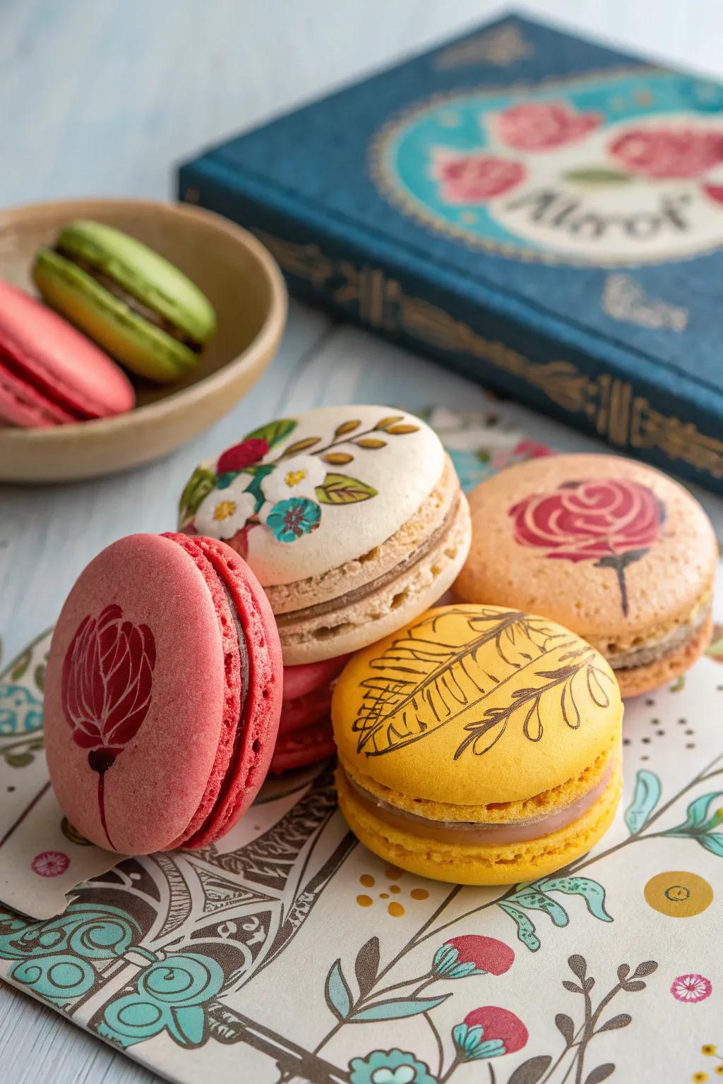 Macarons designed as artistic pieces in a themed setting.