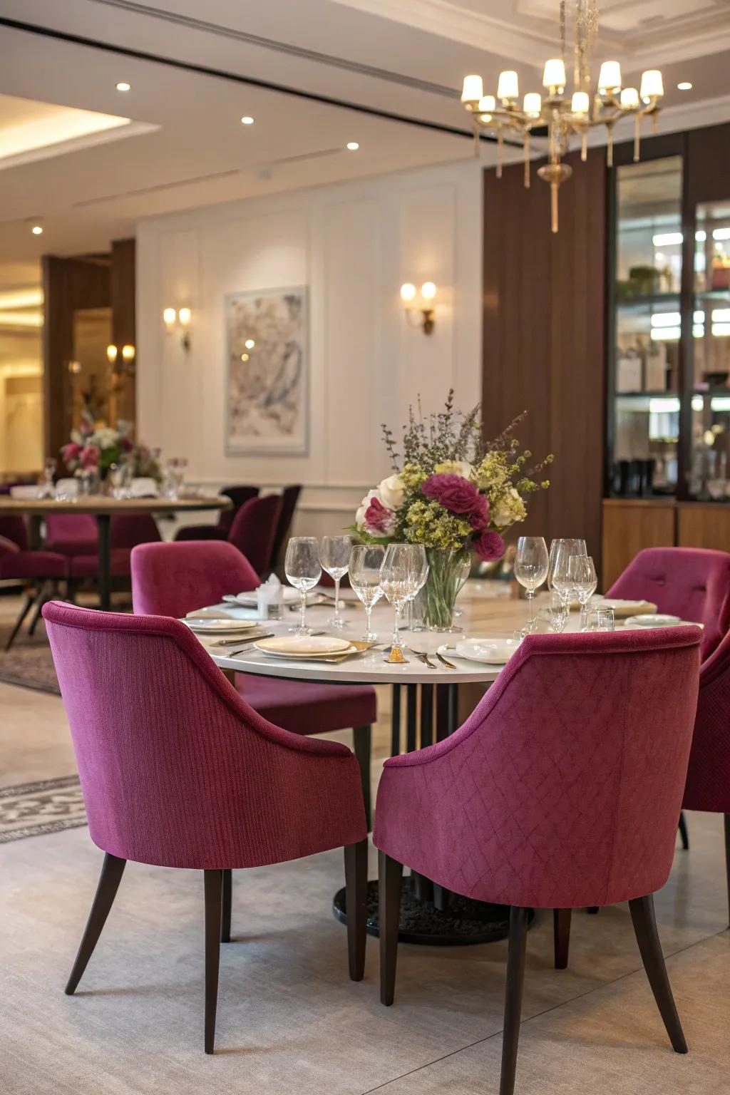 Fuchsia dining chairs add drama and style to this elegant dining room.