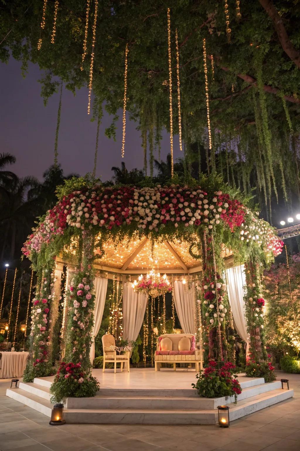 Dangling plantings contribute a whimsical, ethereal quality to a mandap.