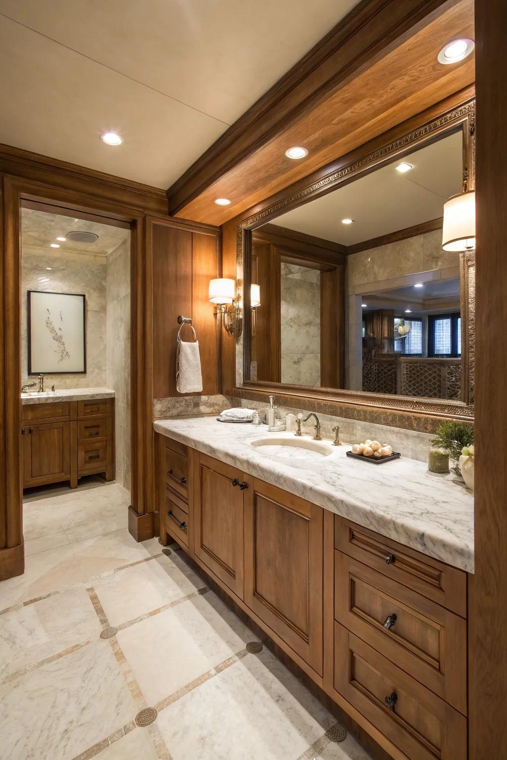 Marble and wood form a warm, inviting atmosphere.