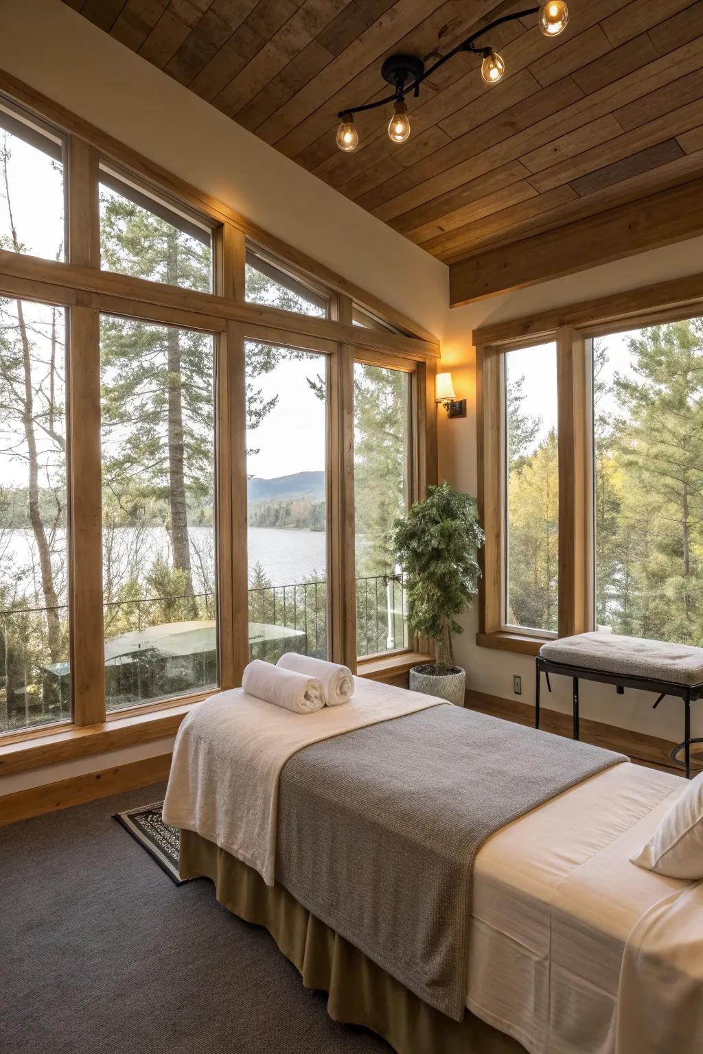 A massage room bathed in natural light from large windows.