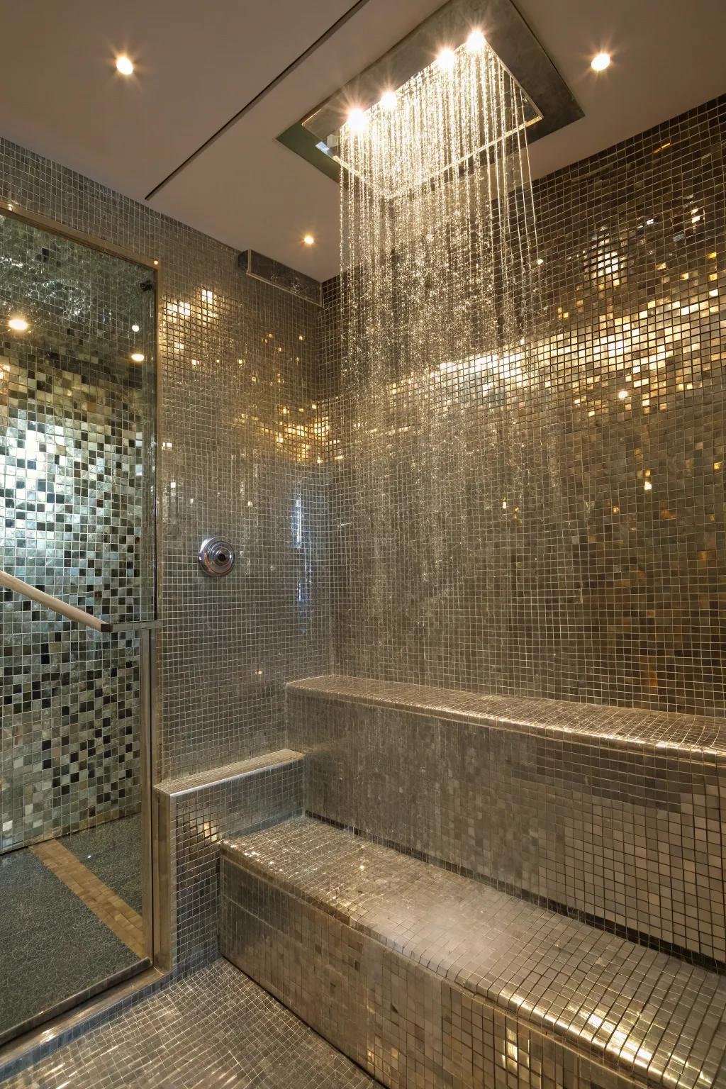 A shower showcasing reflective metal tiling for a shimmering, luxurious style.