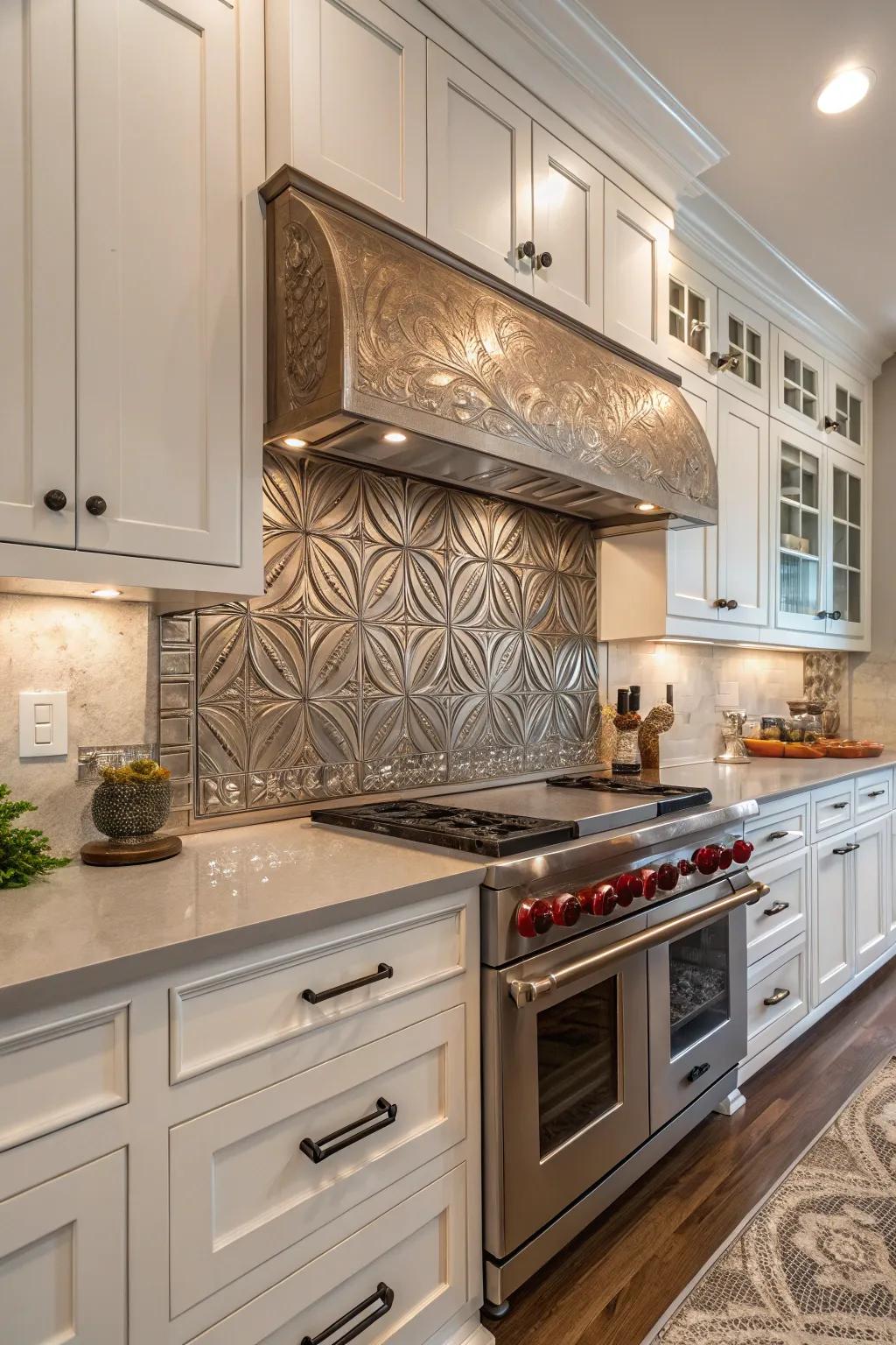 A kitchen featuring a unique artwork metallic backsplash.