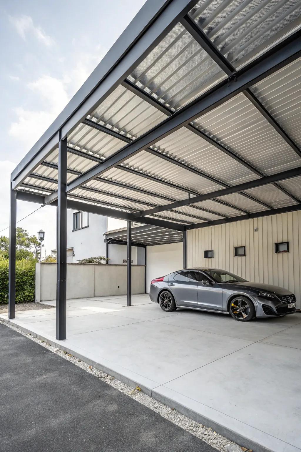 An industrial-style carport offers an urban chic aesthetic with exposed metal elements.