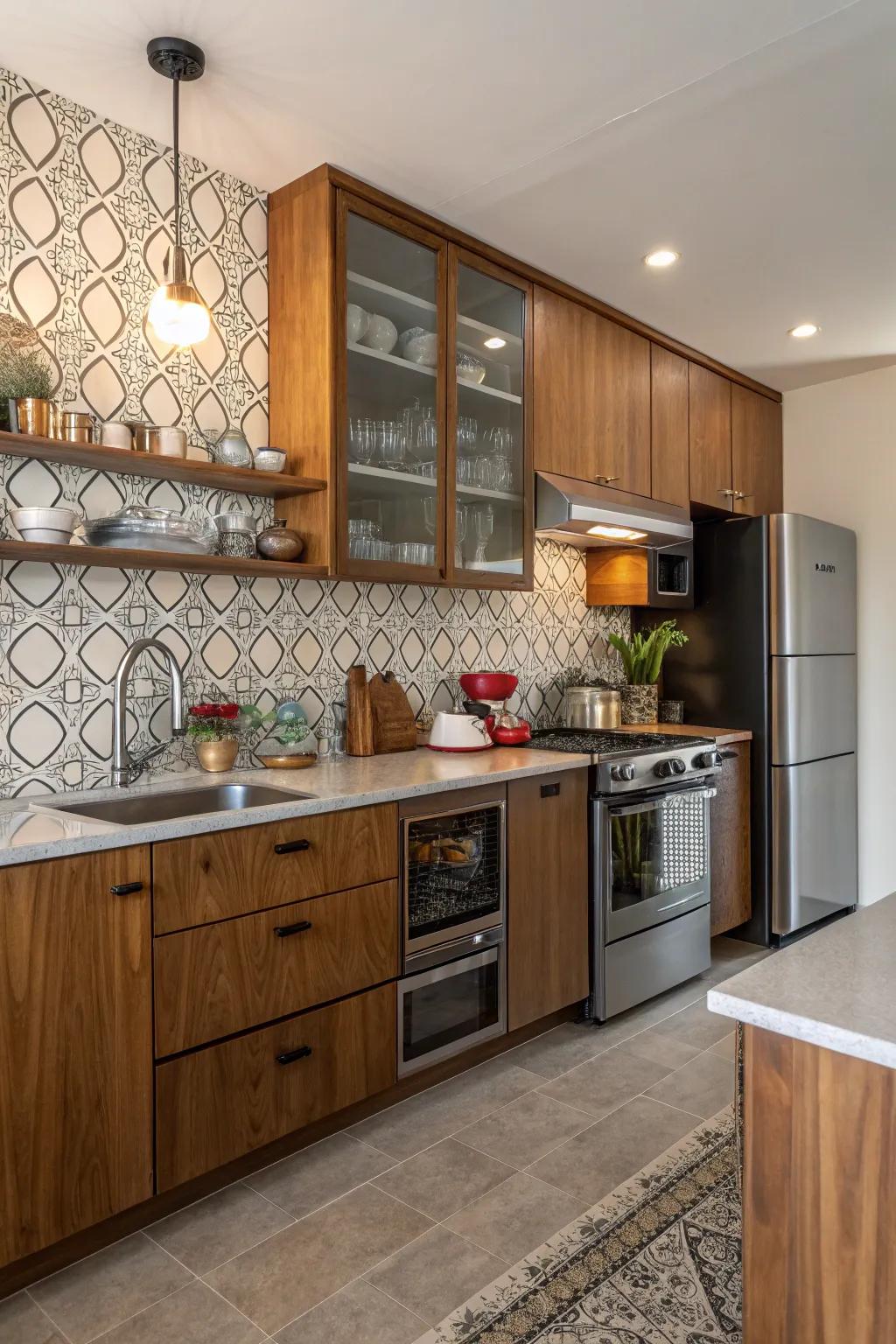 The superimposition of floor covering creates a vibrant and rich kitchen setting.