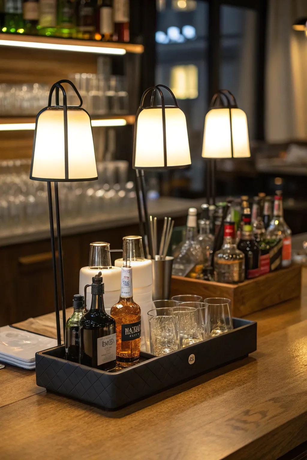 Movable lamps deliver adaptable lighting choices for the mini bar.