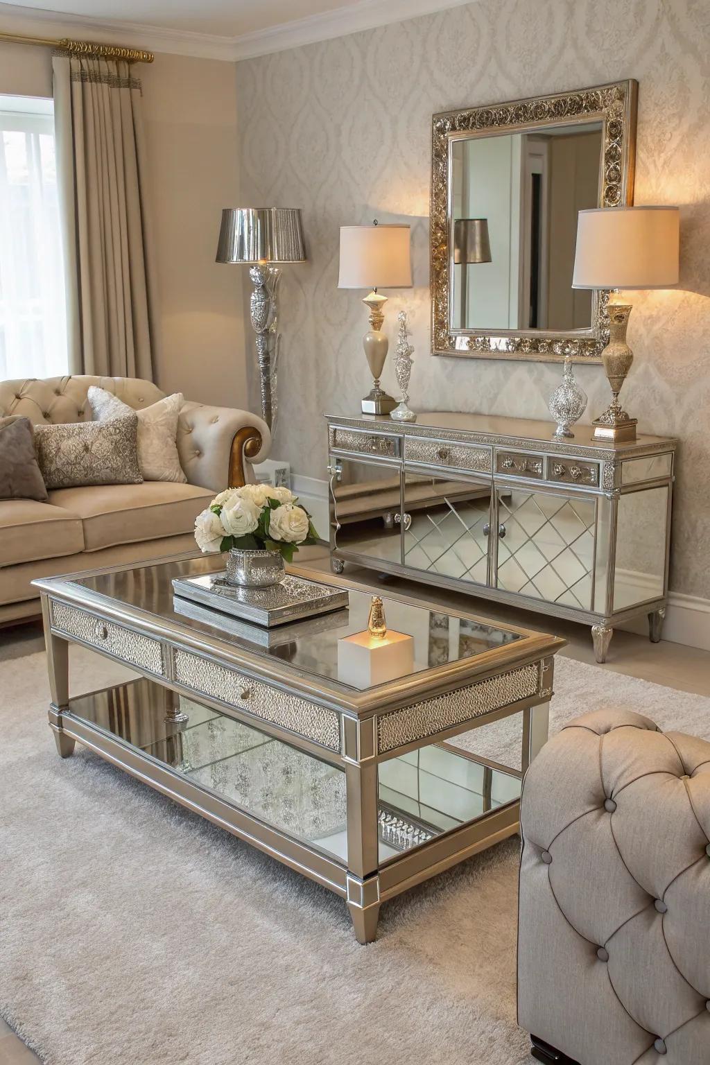 Mirrored furniture injects depth and a touch of glamour.