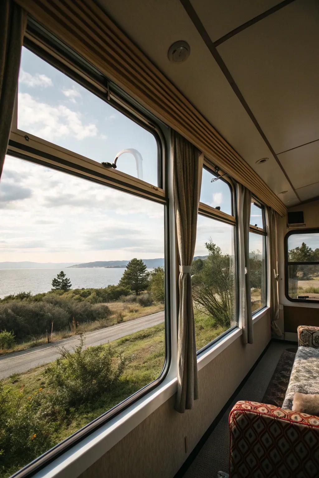 Expanded panes with a scenic view, enhancing natural light and furnishing a connection to the outdoors.