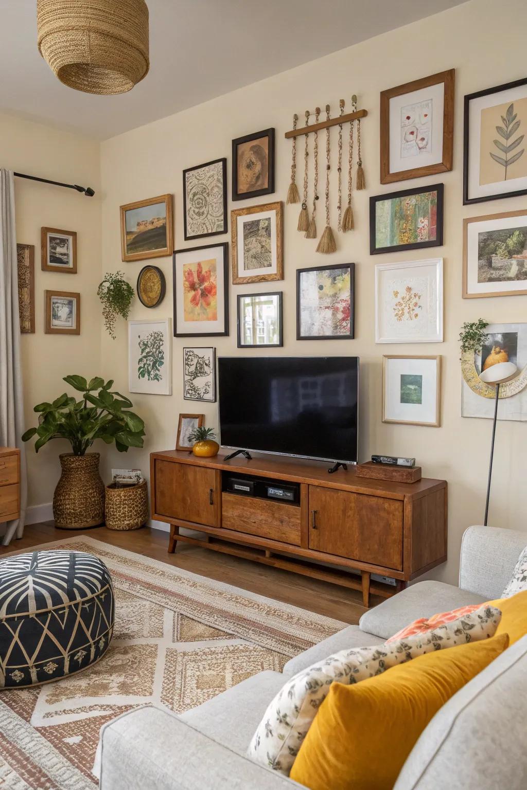 An artistic display turns the TV into a part of an art collection.