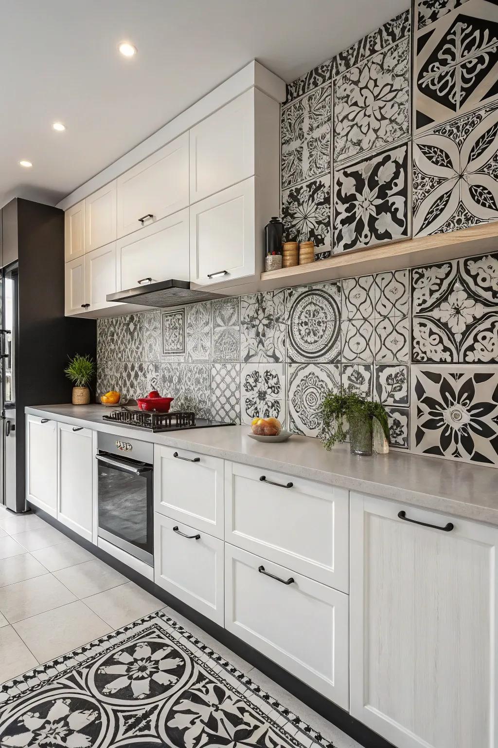 Intricate stoneware patterns enhance the kitchen with refinement.