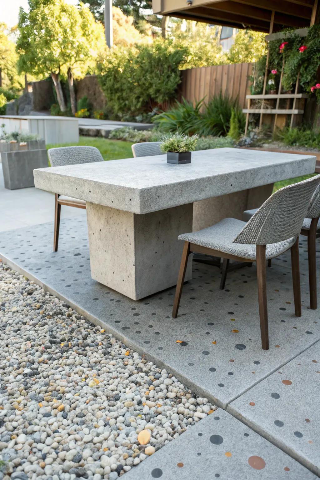 Concrete furniture adds style and strength.