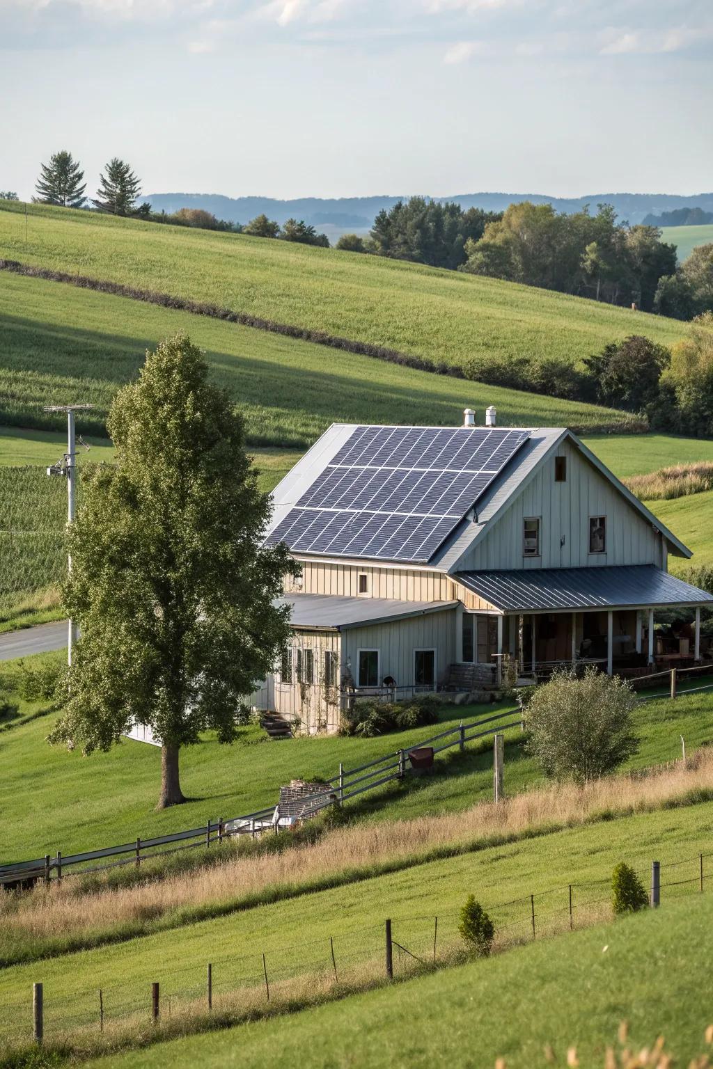 Sustainable innovation: A farmhouse with sun arrays on a metal roof.