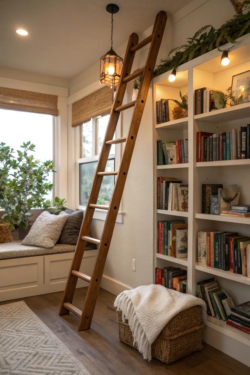 Wooden ladder displaying snug wraps in a reading nook.