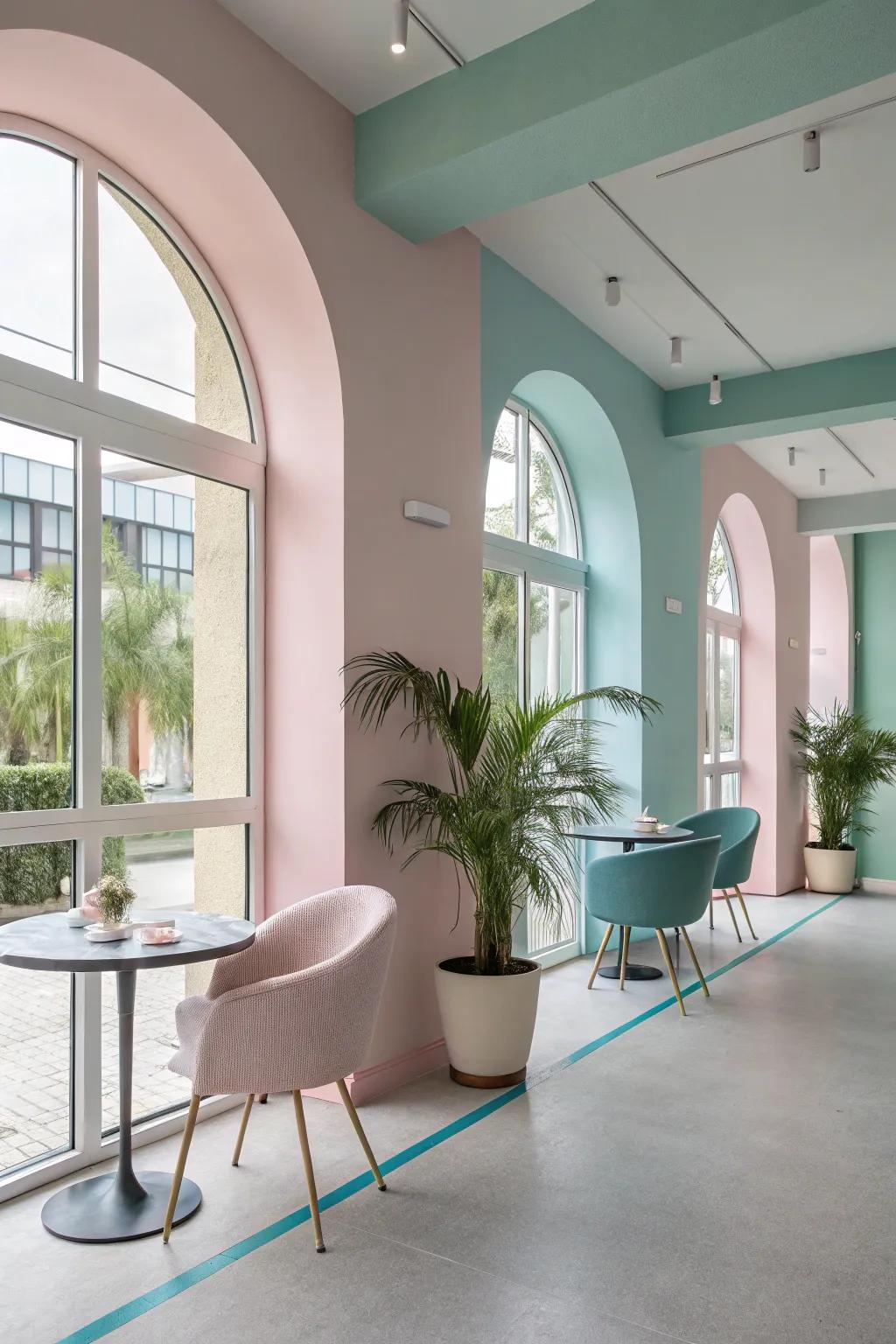 A contemporary interior featuring pastel hues for a soft touch.