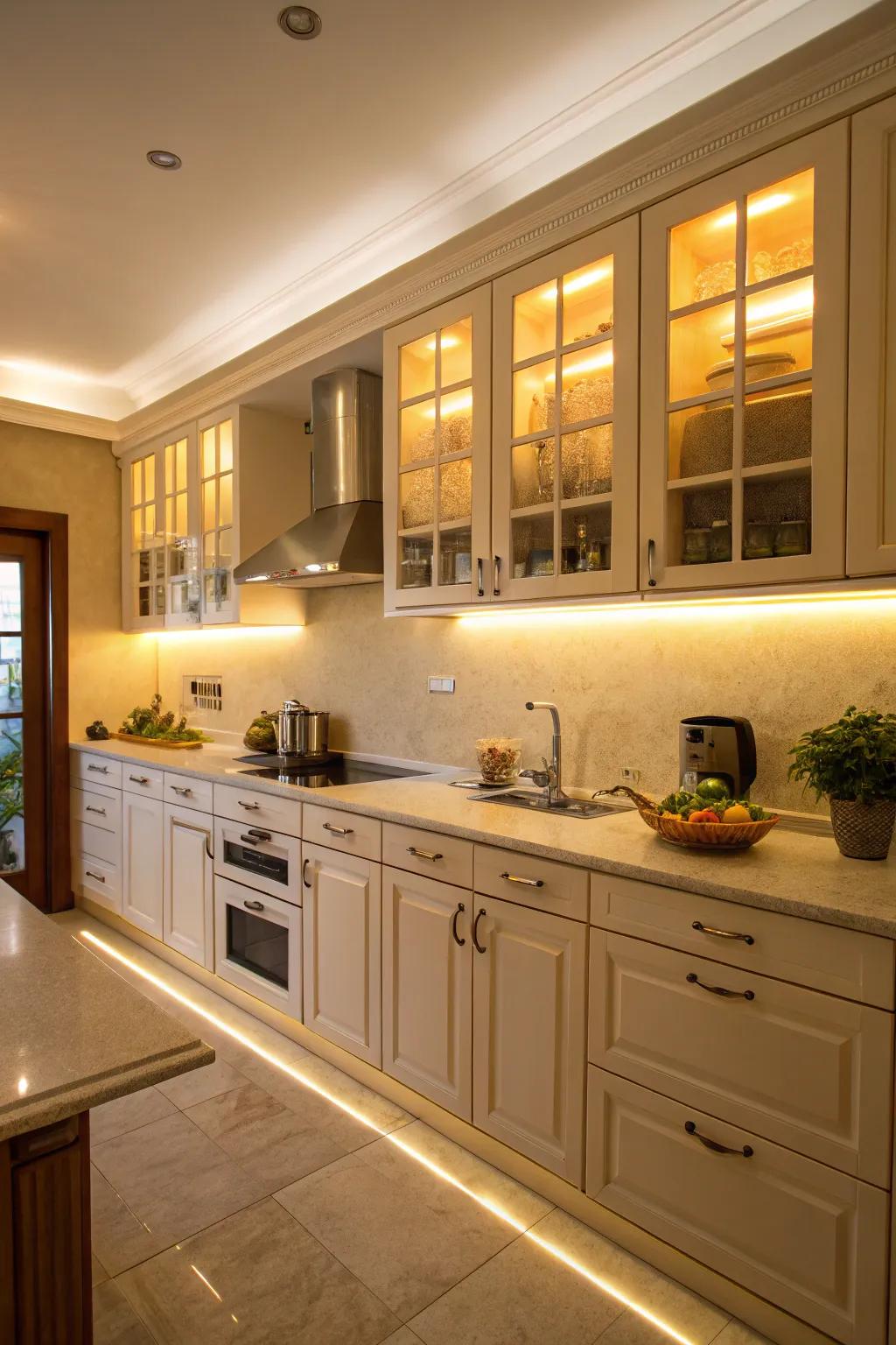Backlit cabinets highlight textures and create warmth.