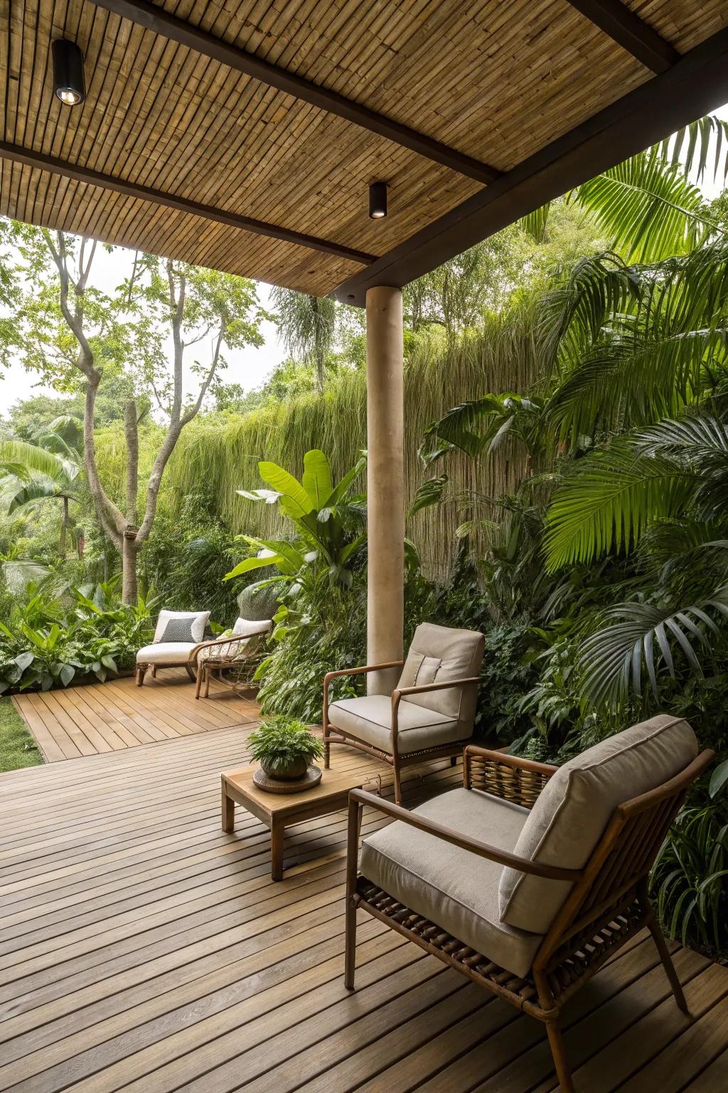 Cane flooring conveys eco-friendly style to patios.