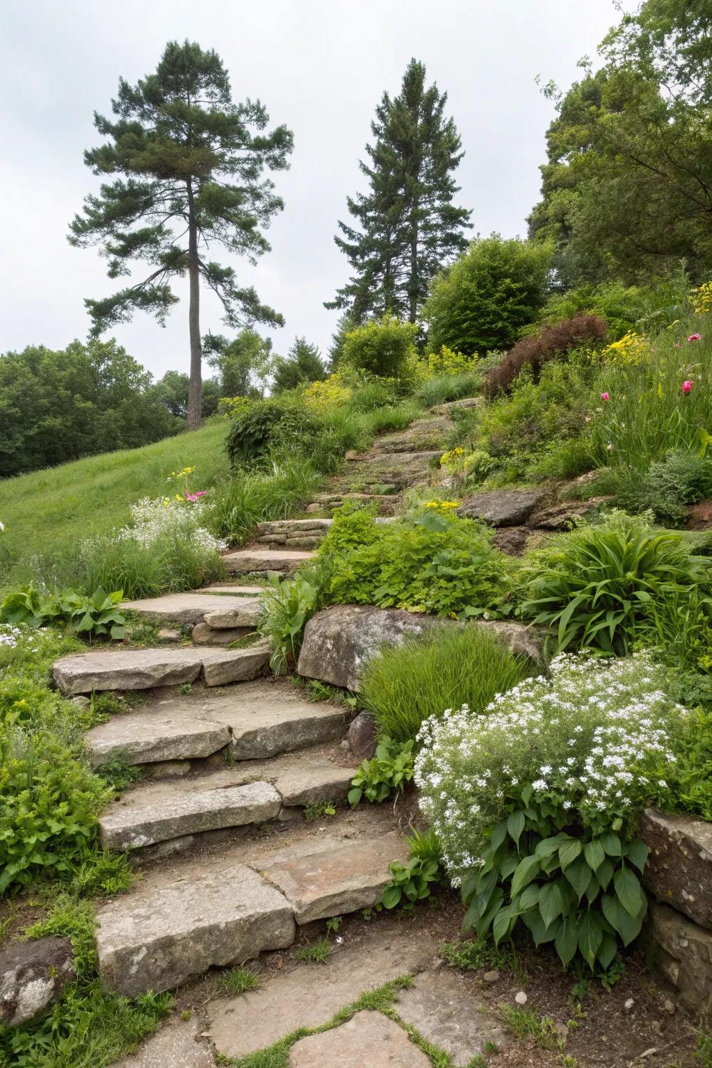 Stone steps offer access and aesthetic appeal to elevated areas.