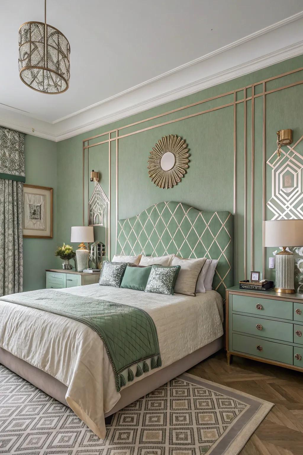 Ornamental Era elements with sage green together create a chic, glamorous bedroom.