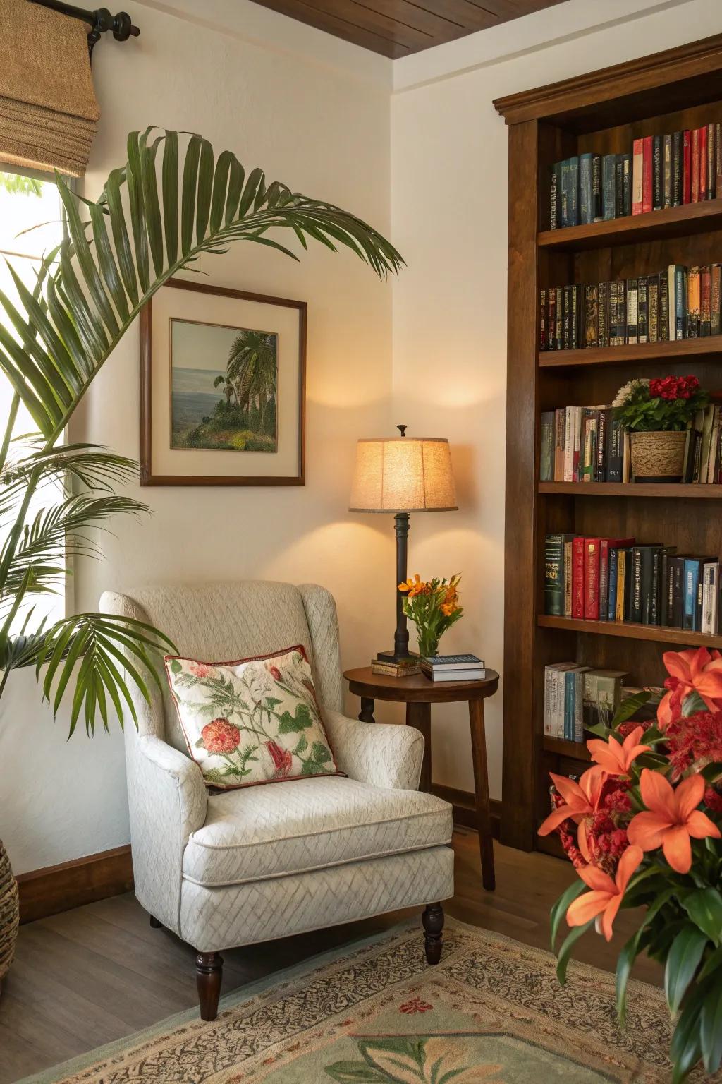 An intimate reading space offers a peaceful escape with tropical charm.