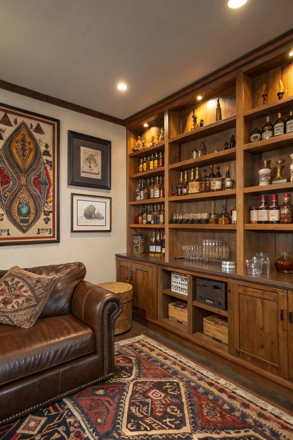 Ethnic style adds a layer of personal storytelling to your whiskey room.