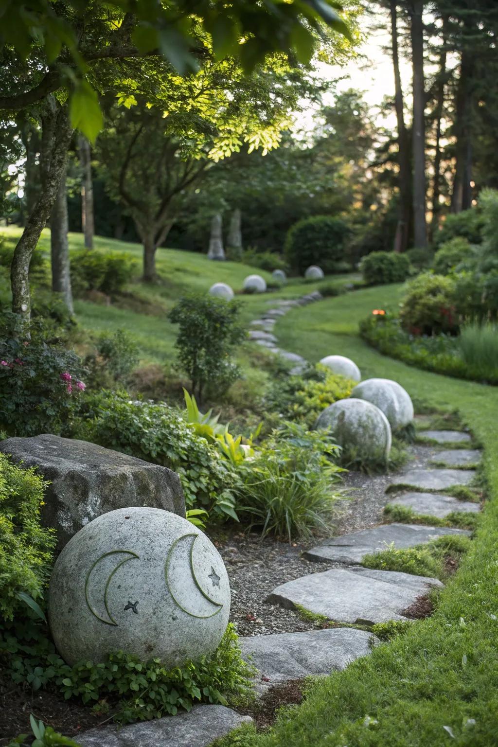 Moon cycle symbols add a themed accent to the garden.