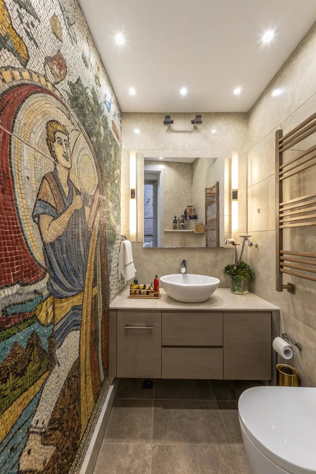 An artistic bathroom featuring a bespoke mosaic masterpiece.