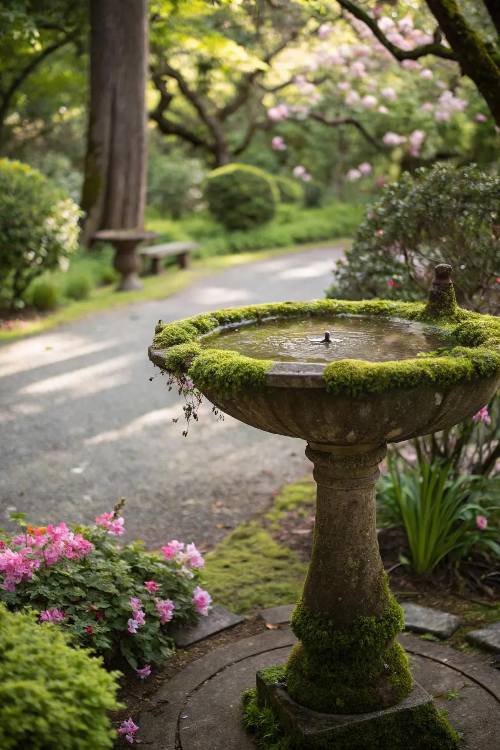 A vessel for birds creatively transformed into a garden feature of moss.