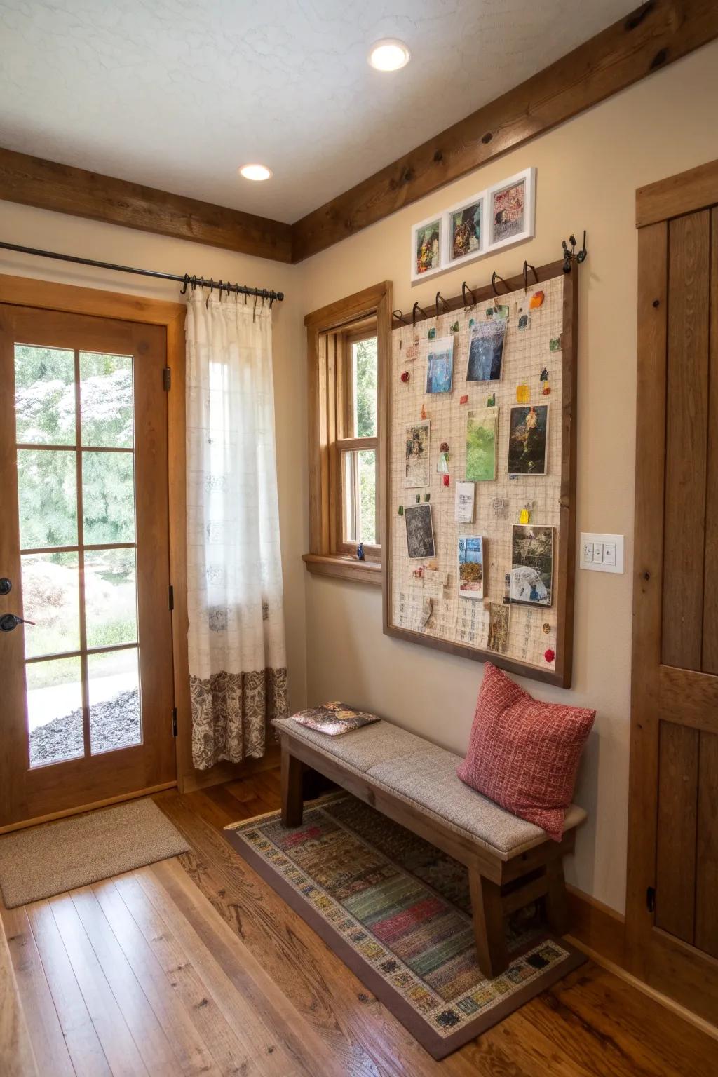 A mudroom featuring a communication board.