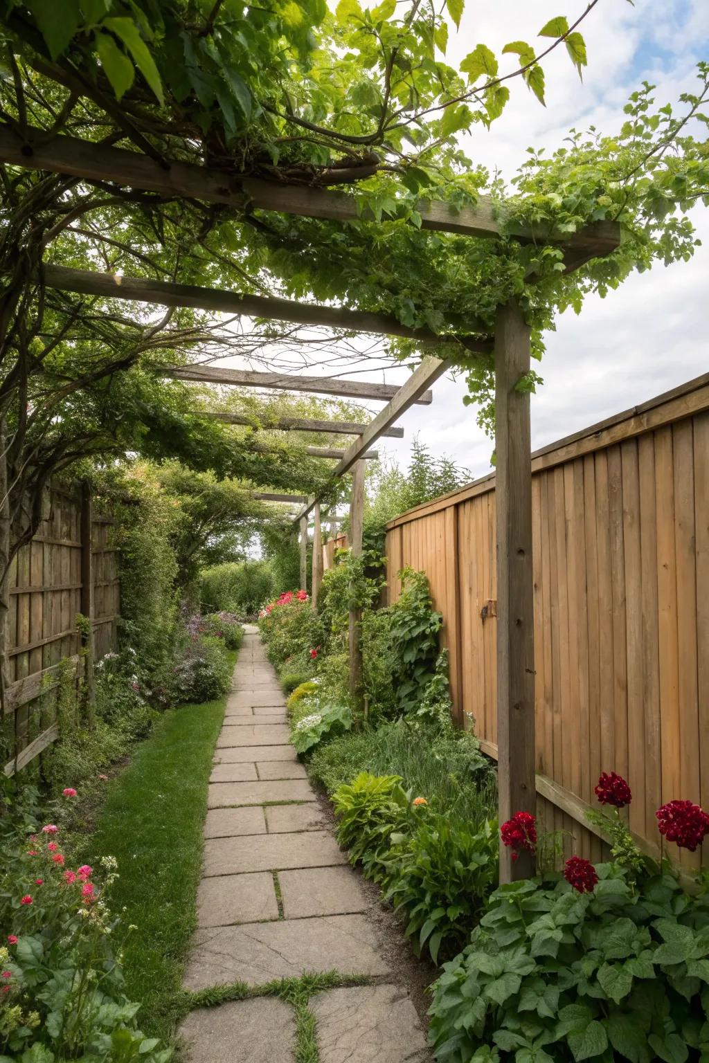 A pergola presents shade and structure to a narrow garden.