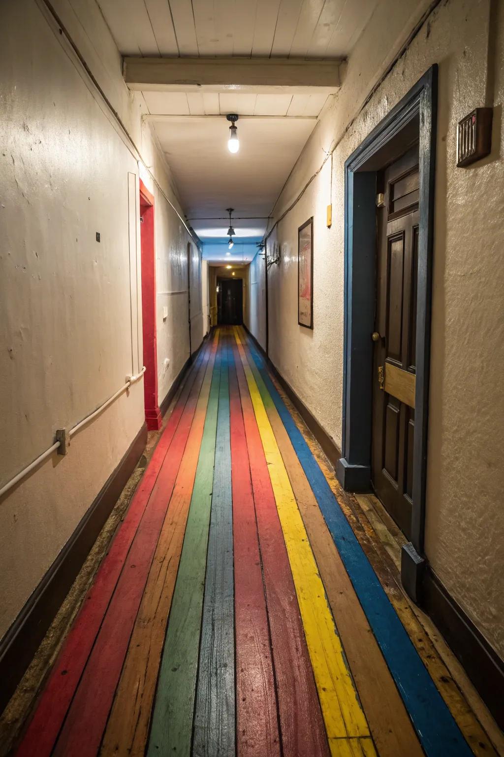 Colored baseboards present a tailored and dramatic choice for hall floors.