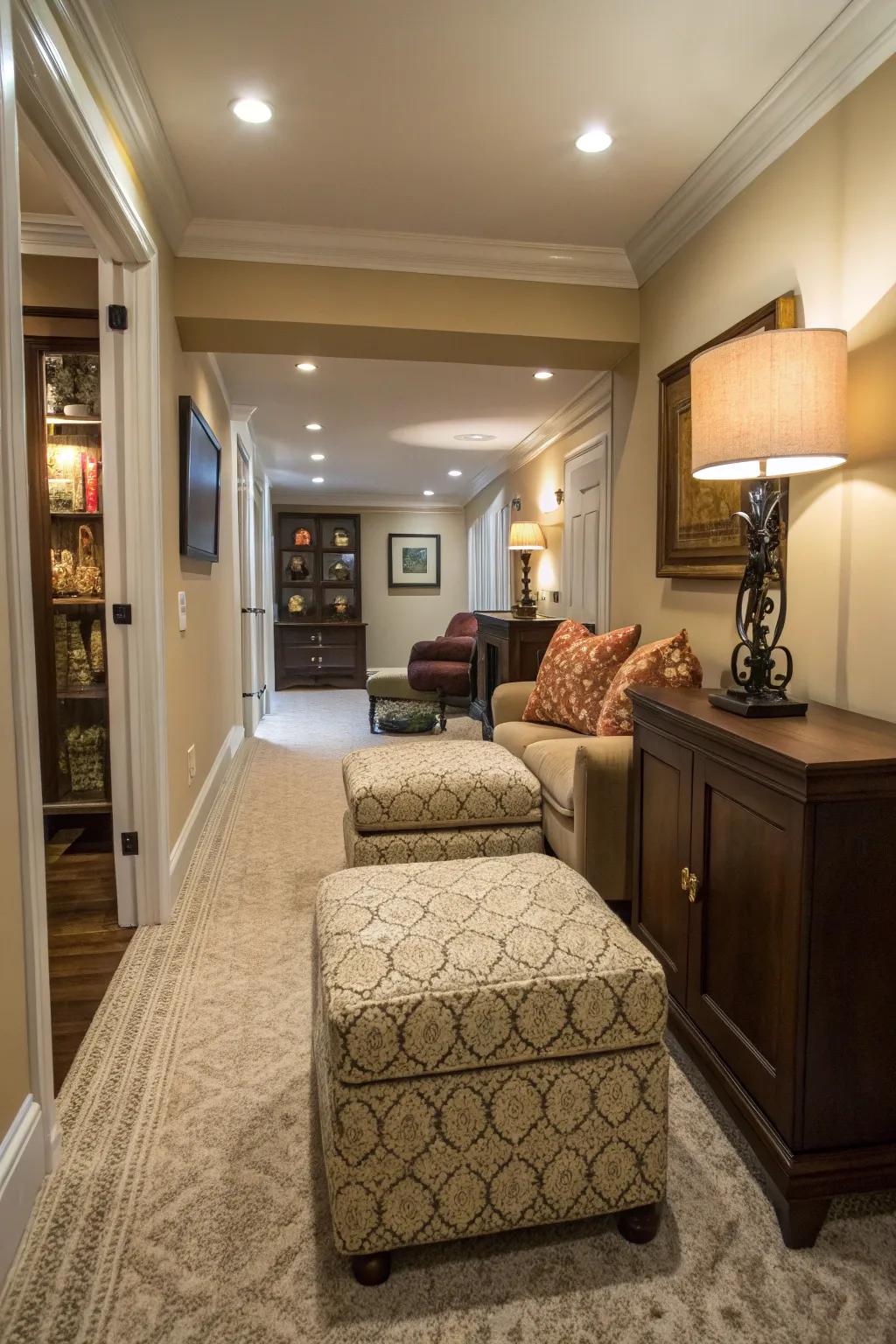 Ottomans featuring concealed repository capabilities sustaining a visually orderly ambiance within a confined living space.