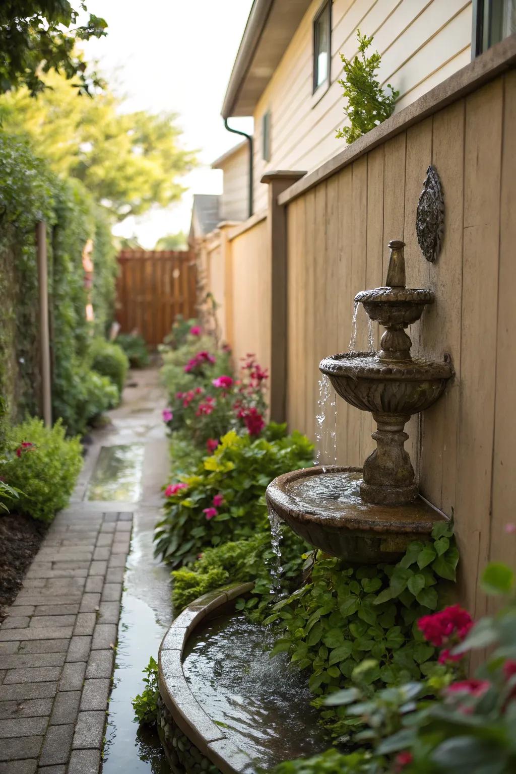 A wall fountain crafts a calming focal point in constricted areas.