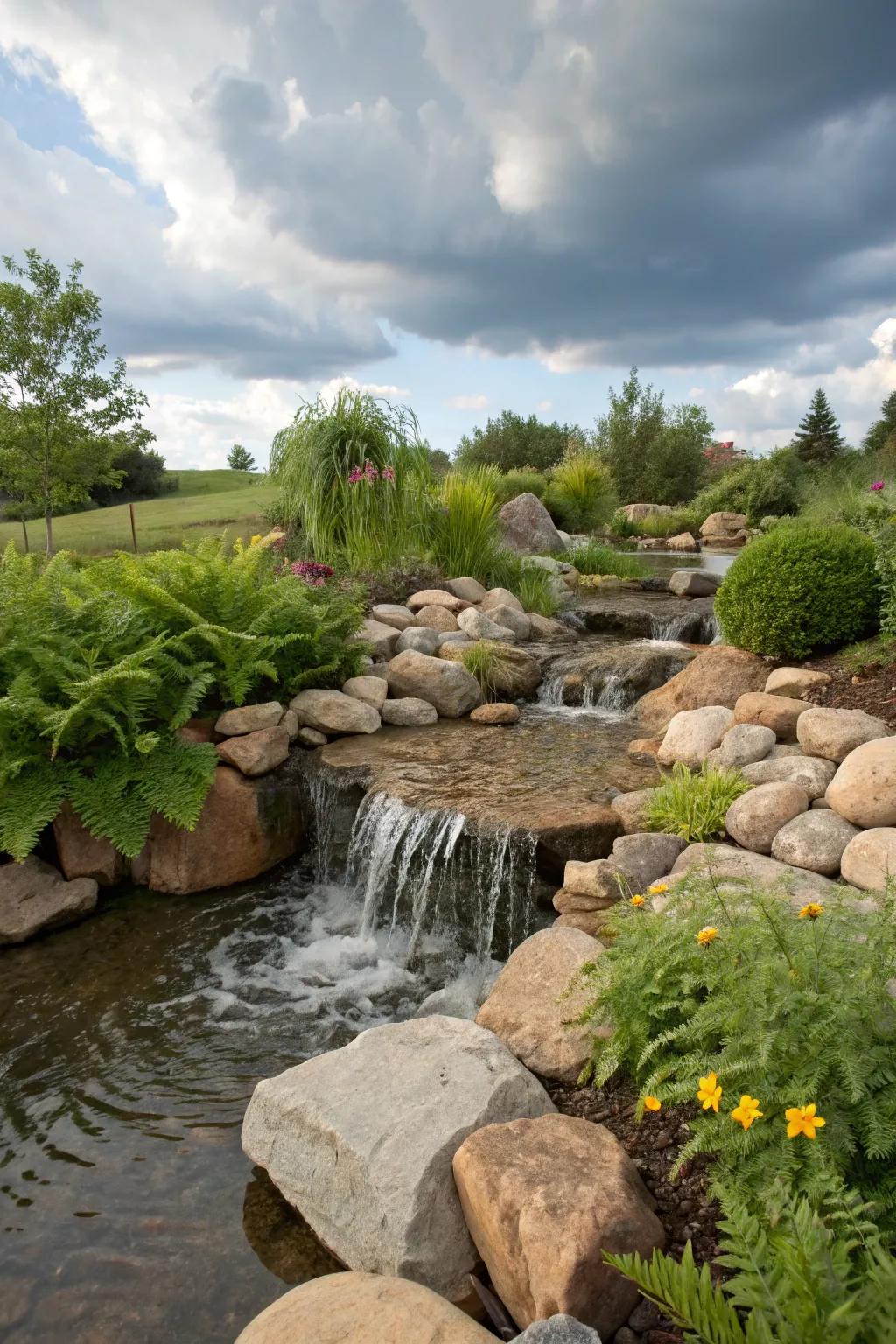 A stream showcasing a small cascading waterfall for added charm.