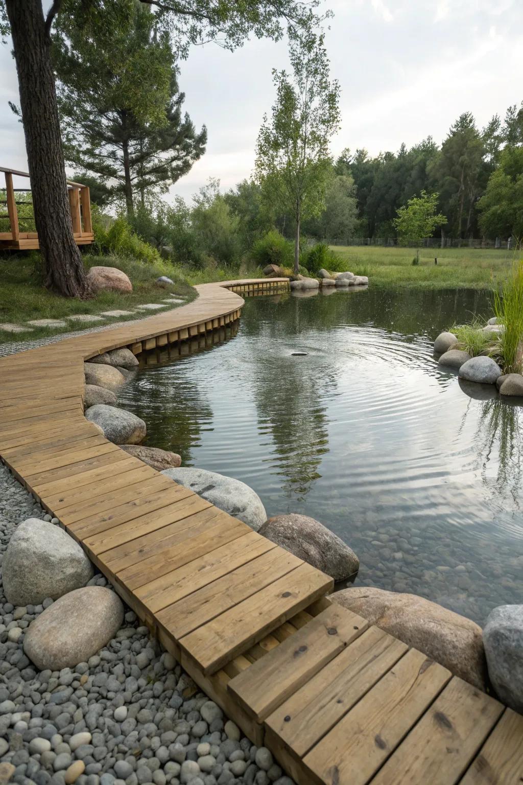 Intrinsic materials intensifying the organic sensation of a pond.