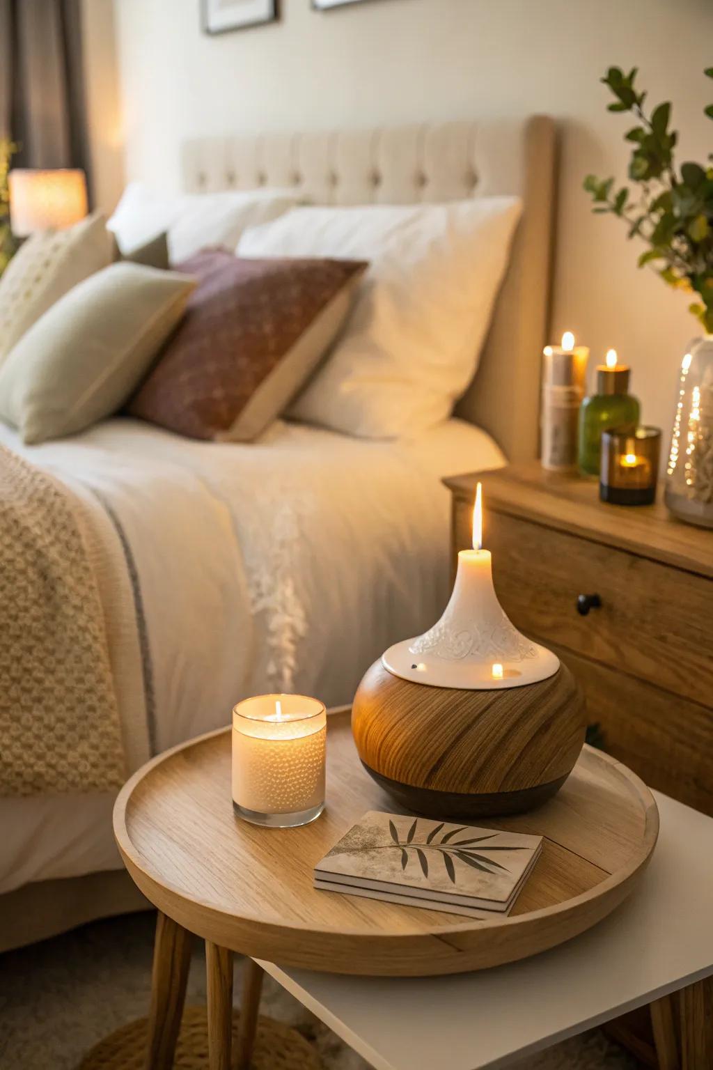 Wood-inspired scents enhance the natural ambiance of the bedroom.