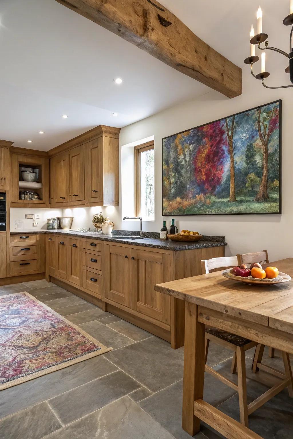 Wall decor infuses oak kitchens with individuality and visual intrigue.