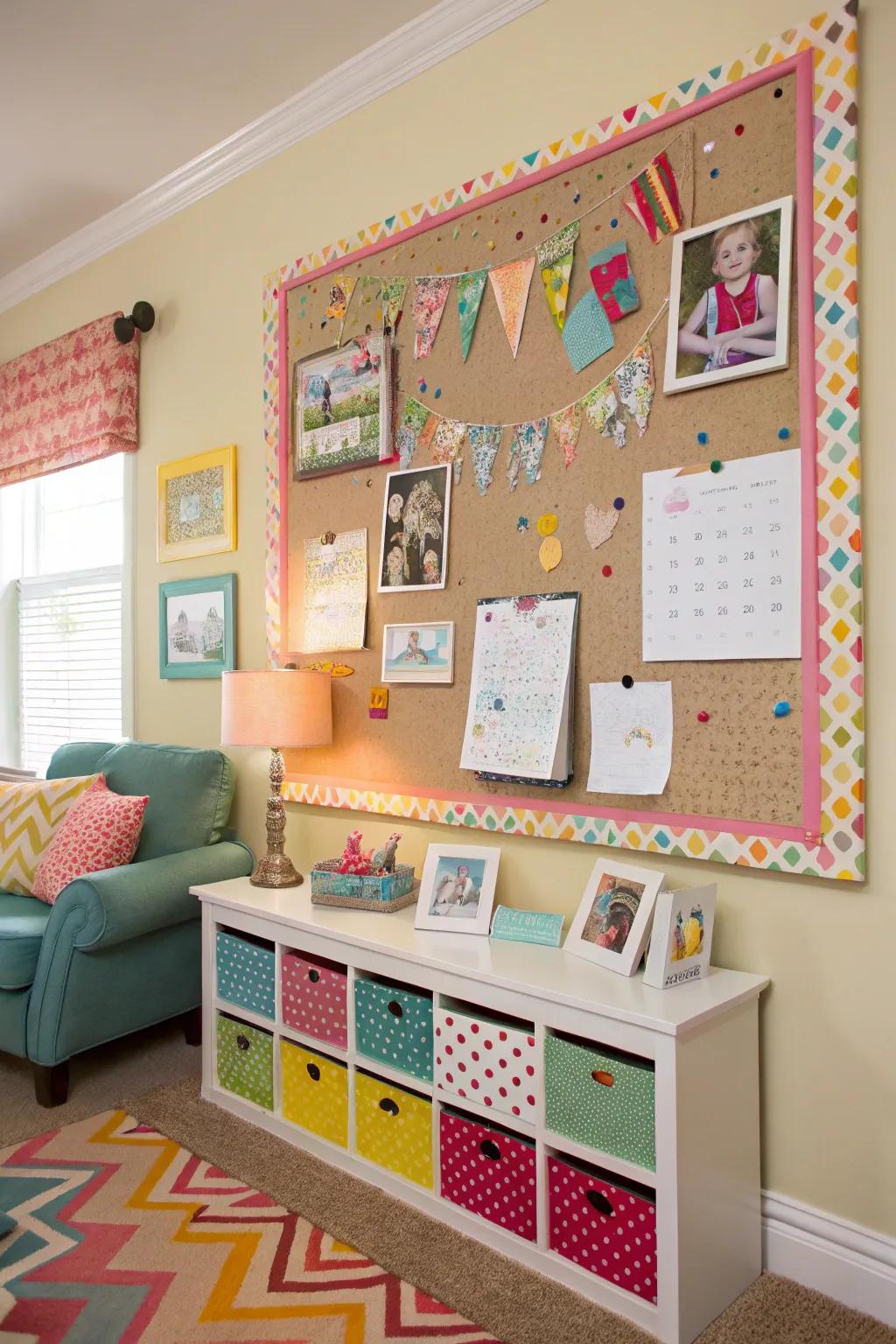 A family space bulletin board featuring colorful patterns.