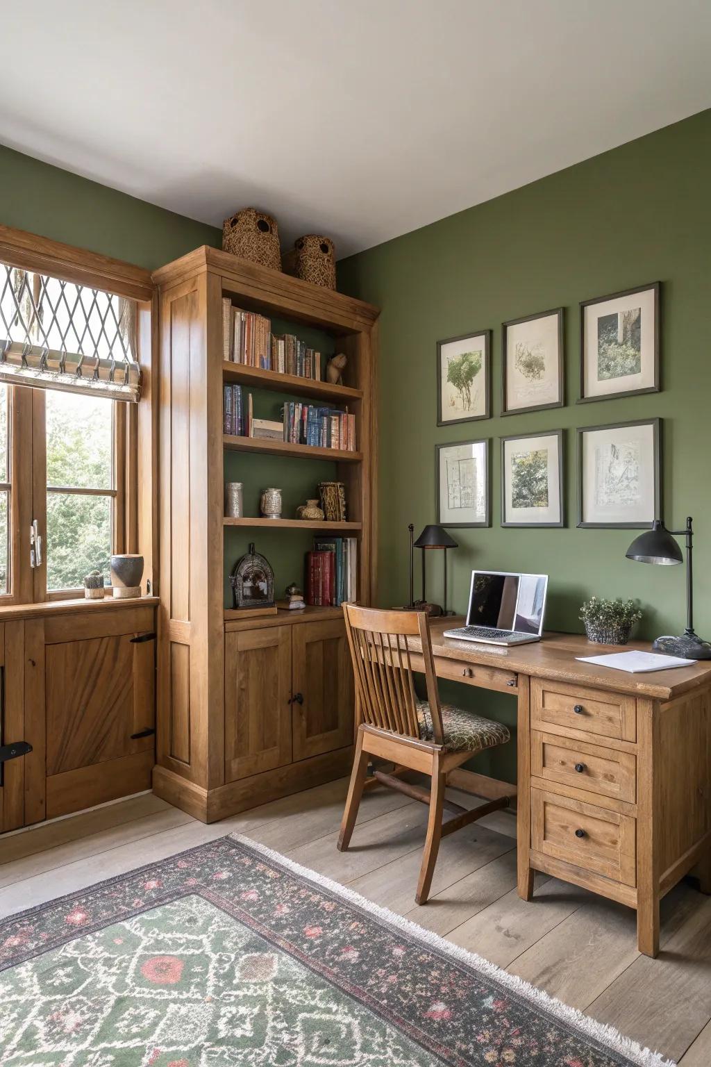Olive tones foster a focused, calm office space.