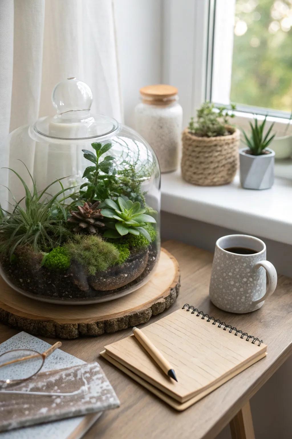 Create tiny worlds of greenery with terrariums, adding a creative touch to your office d&eacute;cor.