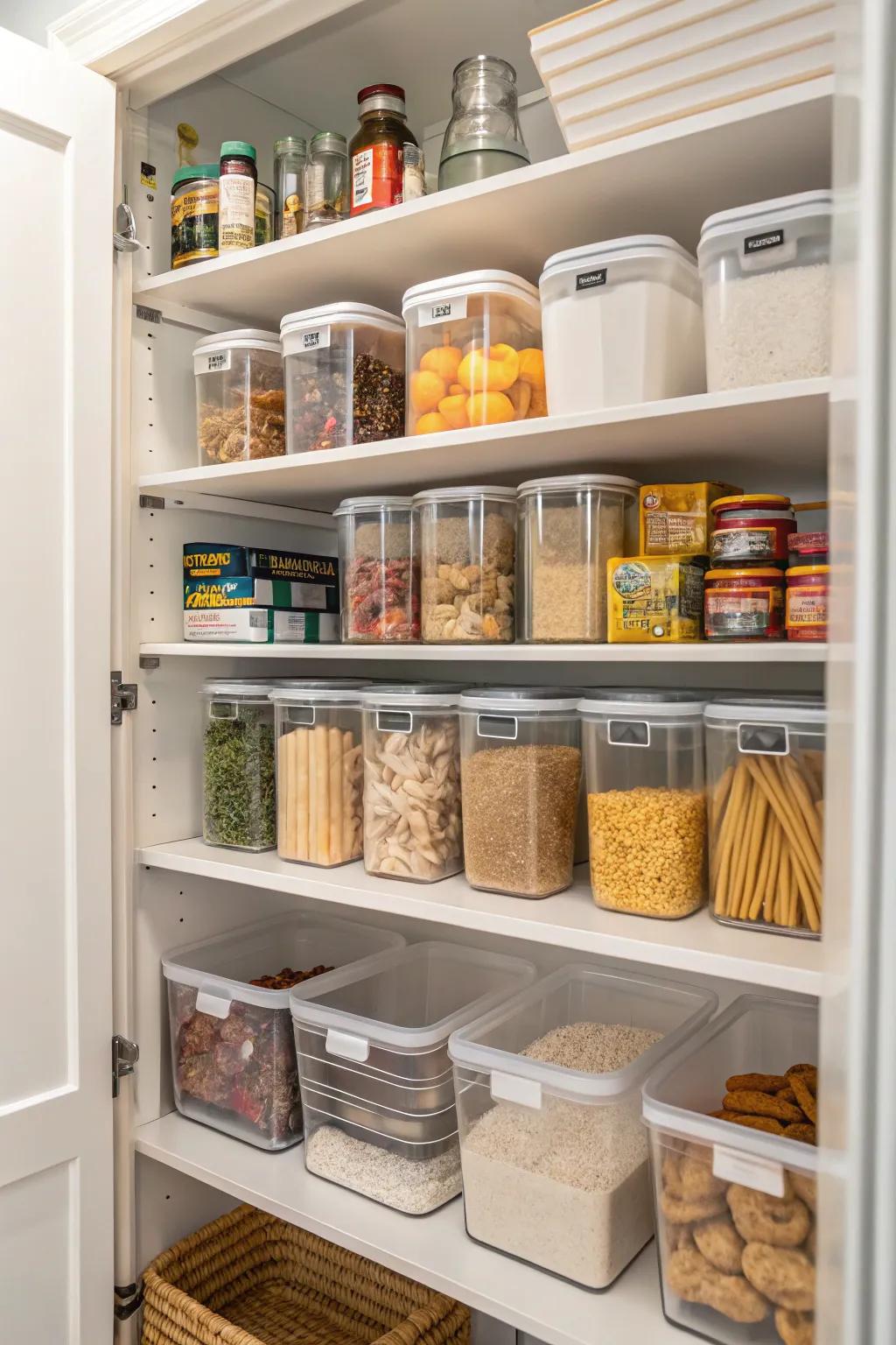 Clear storage solutions offer easy visibility and organization.